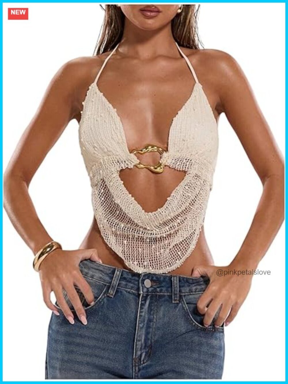 Women's Crochet Halter Tank Top Open Back Draped Front Festival Vacation